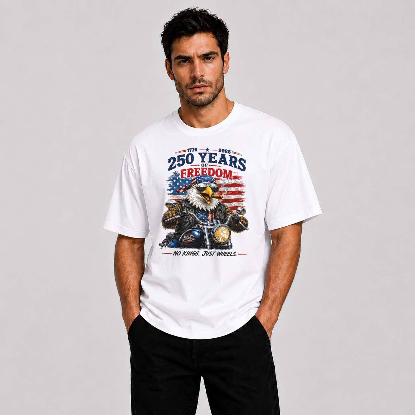 USA 250 Years Freedom Eagle Biker T-Shirt Block– Patriotic American Graphic Tee for Men (1776-2026)
