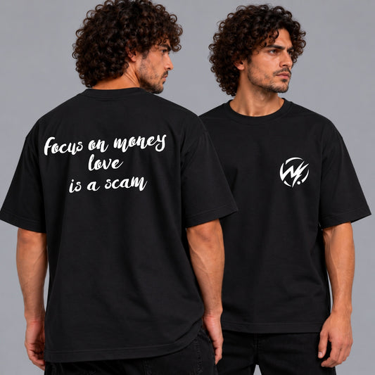 Focus on Money – Love Is a Scam Graphic T-Shirt | Black Streetwear Tee